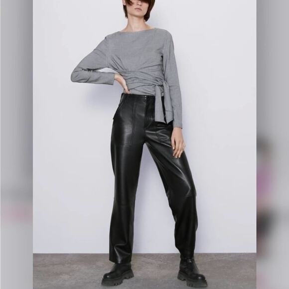 Zara Black White Houndstooth Plaid Bow Tie Top Size Extra Large XL - Picture 4 of 7